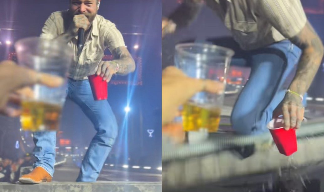 Post Malone Tumbles Off Stage In Glendale, Arizona, Trying To Cheers A Fan, Barely Spills A Drop